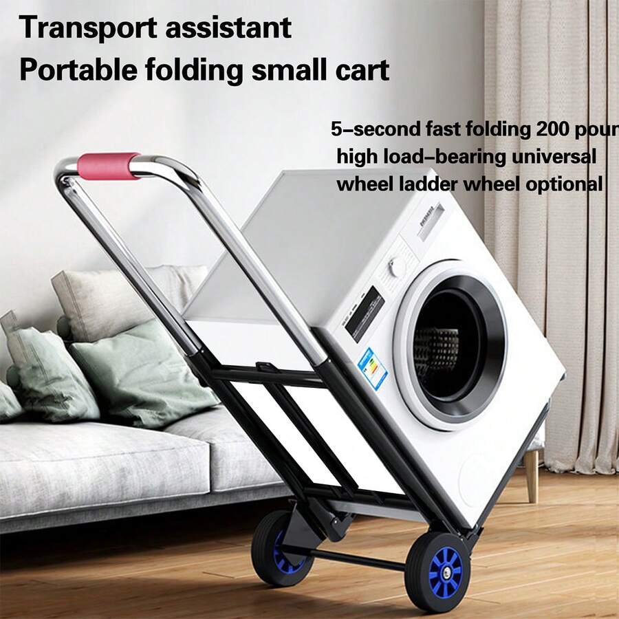 Folding Handcart For Easy Storage And Transportation, Equipped With A Retractable Anti Slip Handle For Easy Grip And Movement. Includes Two Detachable Elastic Bands For Securely Securing Goods During Transportation - Black - View 1