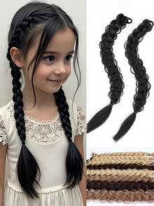 2 件长发辫子橡胶圈辫子发纤维合成假发适合儿童日常佩戴和角色扮演 - 自然黑 - 查看 10