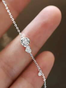 1pc Rose Flower S925 Sterling Silver Cubic Zirconia Inlaid Bracelet, Hypoallergenic, Perfect Gift For Weddings And Christmas, Elegant Bracelet