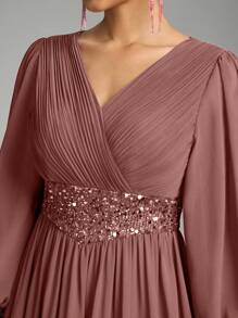 SUPGIR Vestido largo de gasa con cuello en V, cintura plisada, adorno de perlas y mangas farol