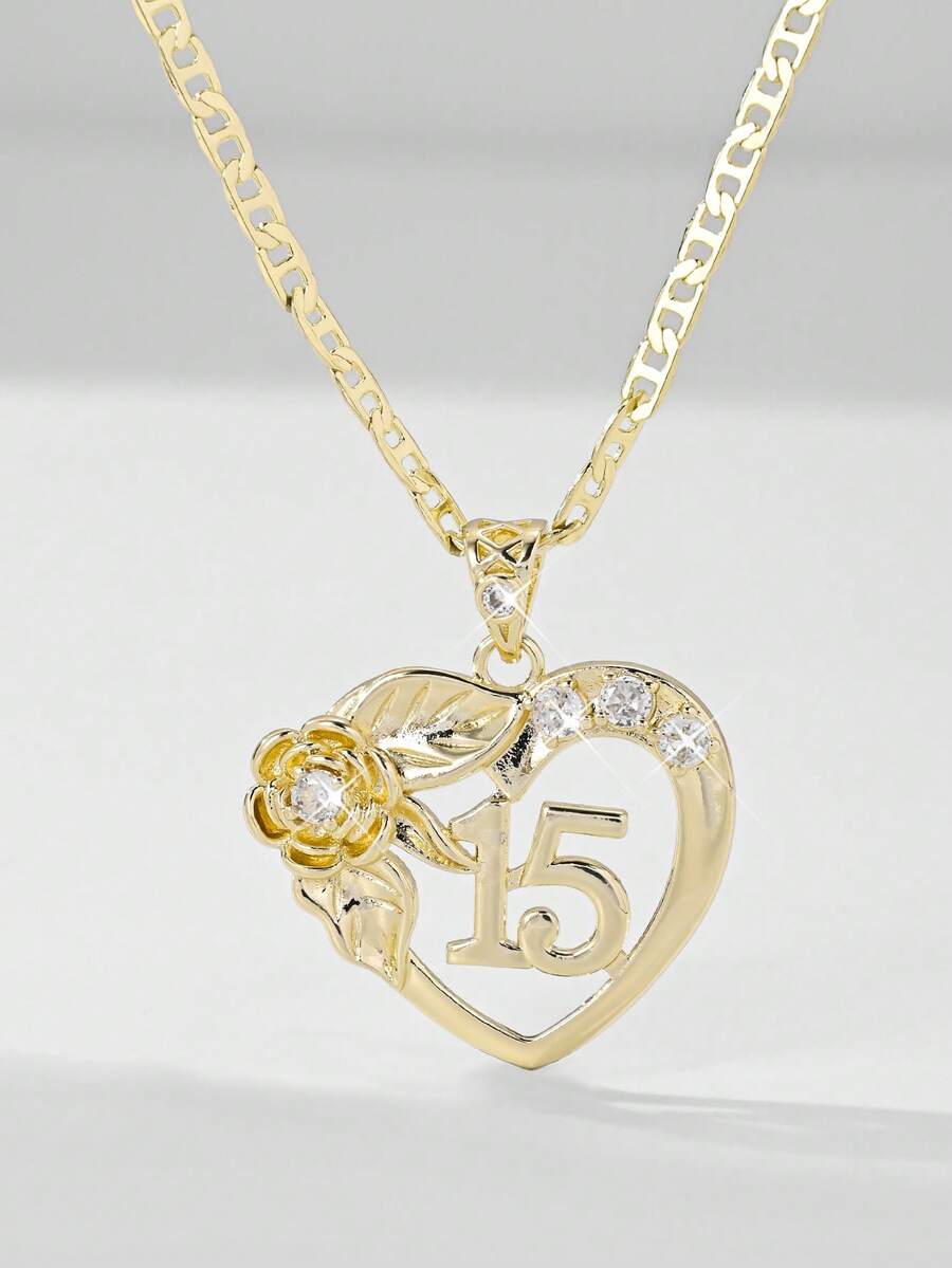 1 件 2025 新款防过敏铜镶嵌锆石信仰心象成人礼物 15 数字吊坠项链，适合圣诞节/感恩节/万圣节/母亲节/情人节情侣/朋友/教父母礼物，天主教初次圣餐，日常节日佩戴祈祷 - 金黃色 - 查看 1