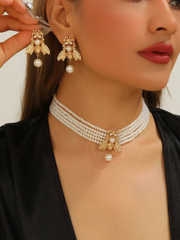 3 قطع / مجموعة مجوهرات عروس، طوق وأقراط على شكل زهري وشكل النحلة متعدد الطبقات من اللؤلؤ الزائف والراين ستون، مناسبة للنساء لارتداءها في الحياة اليومية، فستان الزفاف، والاكسسوارات الأدائية