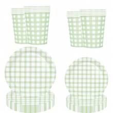 10 件/30 件/60 件鼠尾草绿格子派对用品绿白扇形格子纸盘杯子餐具套装绿格子盘子一次性鼠尾草白格子派对装饰适用于生日家庭野餐烧烤 - 綠白 - 查看 4