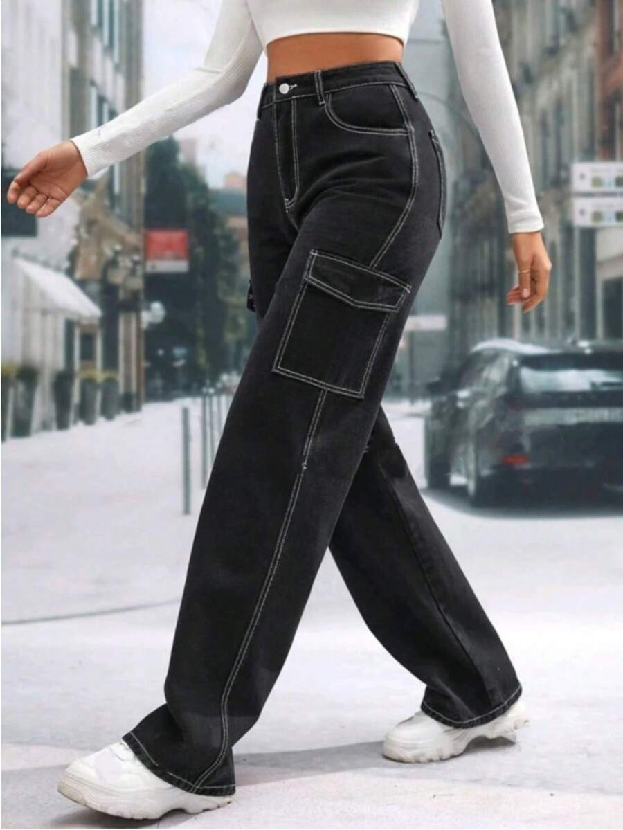 Wide Leg Youth Cargo Pants - Black and White - View 1