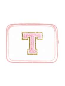 1个透明PVC便携式收纳袋，带毛巾，绣有字母A-Z，大容量化妆品收纳包，防水，带拉链，化妆包，化妆品袋，旅行收纳包，美妆包，可装口红