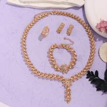 Set de joyería de 4 piezas de espiga de trigo con cristales para mujer, estilo clásico de verano, compuesto por 1 collar + 1 pulsera + 1 anillo abierto + 1 pendientes, hecho de aleación de zinc con cristales, con un estilo lujoso y elegante, sexy y encantador, apto para uso diario, vacaciones, fiestas, Navidad, Acción de Gracias, bodas, cumpleaños, regalos de aniversario