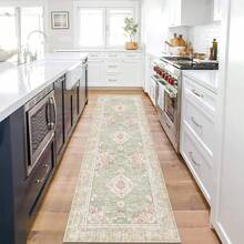 Machine Washable Area Rug, Non-Slip Living Room Kitchen Bedroom Entrance Carpet, Vintage Boho Floral Pattern, Low Pile, Soft, Pink & Light Green - Green - View 18