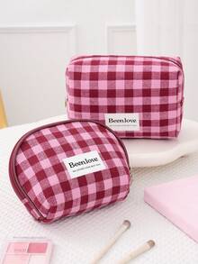 1 pieza/Set Bolsa de cosméticos a cuadros retro Y2K, bolsa de maquillaje a cuadros rosa y blanca linda para damas, bolsa de cosméticos con cremallera de gran capacidad, bolsa de viaje a cuadros casual para almacenamiento, bolsa de cosméticos esencial para viajes y vacaciones, puede almacenar toallas sanitarias y tampones, adecuada para el nuevo período escolar, primavera/verano, aniversario, vacaciones, uso diario, festivales, un regalo ideal para mujeres, también una excelente opción de regalo de Navidad - Rosa Fucsia - Ver 5