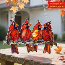 A Colorful Glass Hanging Window Decoration With Three Cardinals, 2D Acrylic Sign, Sun Catcher, All Season Decoration, Multi-Functional Bird Theme, Floral Wreath Decoration, Home And Garden Decoration, Perfect Gift For Friends, Garden And Lawn Accessories. - Multicolor - View 3