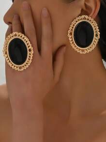 3pcs/Set Elegant Vintage Classic Geometric Oval Inlaid Black Resin Women Stud Earrings & Ring Set, Suitable For Casual Daily Wear
