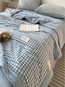 1 件轻质夏季被子，咖啡格子图案，柔软透气，绗缝设计，适合夏季卧室使用 - 彩色 - 查看 3