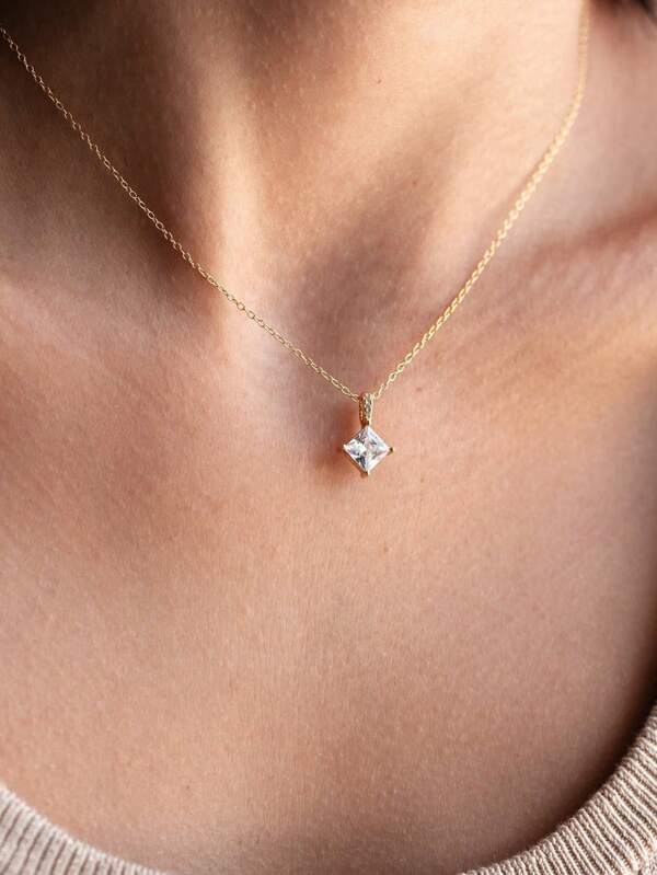 1 Stück 925er Sterling Silber Zirkonia Quadrat Halskette für Frauen, Alltagstragen, Party, Geschenk zum Valentinstag, Muttertag
