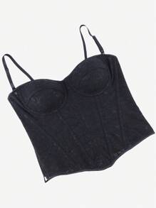 Lace Corset Bodice For Women, Black Lace Mesh Shaping Camisole With Adjustable Spaghetti Straps, Overbust Boned Bustier, Side Zipper