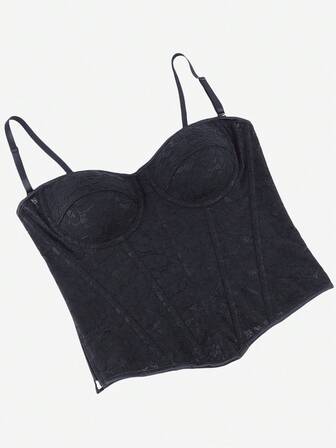 Spetskorsettöverdel för kvinnor, svart spetsnätformande söt linnetopp med justerbara spaghettiband, överbystbenad bustier, sidodragkedja