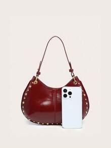 Bolso de hombro de mujer con forma de media luna, decoración minimalista de remaches, PU vintage punk, adecuado para ir de compras - Burdeos - Ver 2