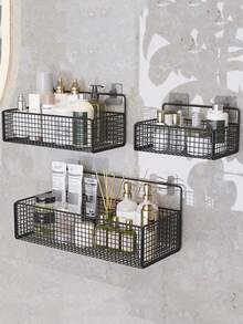 1/2pcs-Bathroom Wall-Mounted Storage Rack, Shower Storage Rack, Iron Storage Rack, Practical Skincare And Tissue Storage Rack, Bathroom Storage And Home, Kitchen Storage Rack - Black - View 7