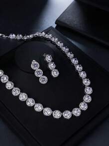 1 Set Luxury Crystal Wedding Bridal Jewelry Set, Including Necklace And Earrings, CZ Zirconia