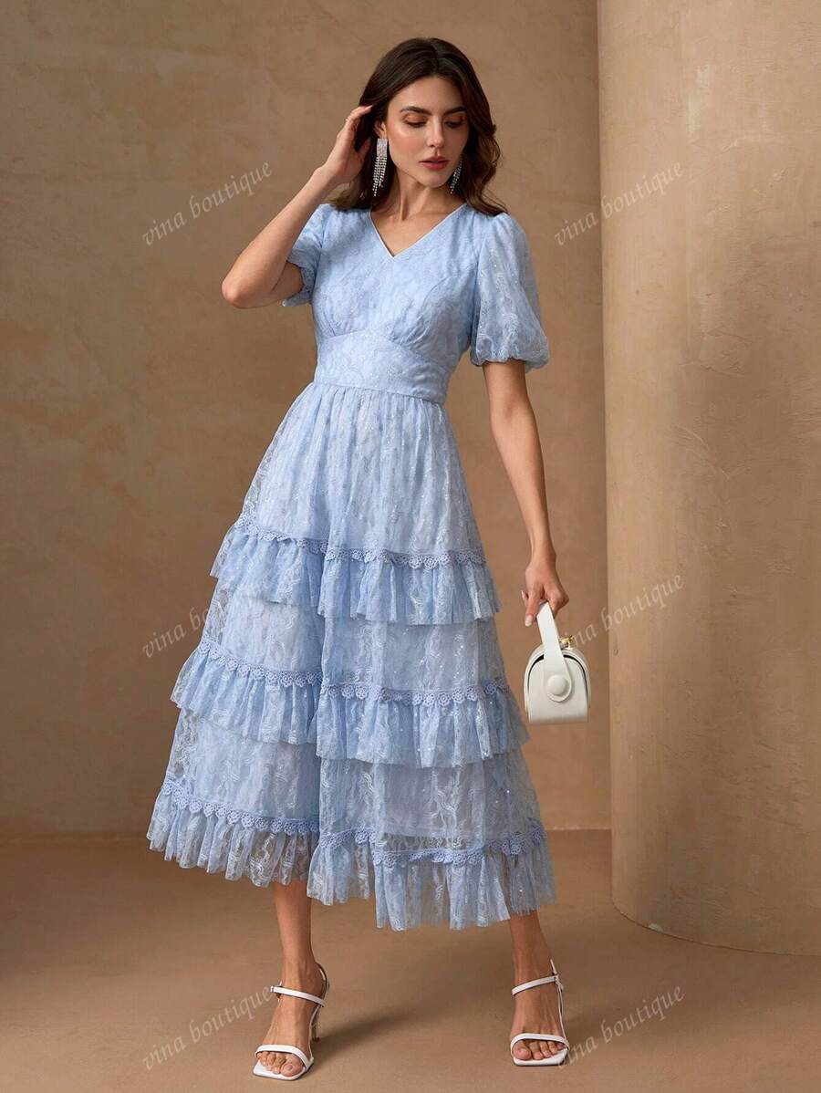 Vestido de sirena con volantes en las mangas de linterna y el bajo, con adorno floral, vestido de línea A romántico