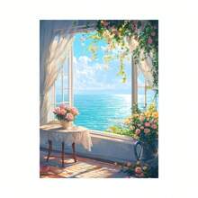 Kit da ricamo in diamanti 5D con scena di lago tranquillo - kit completo con puntini rotondi, scena di una barca e di una finestra su tela, decorazione per la casa vivace, nuovo kit di pittura di diamanti