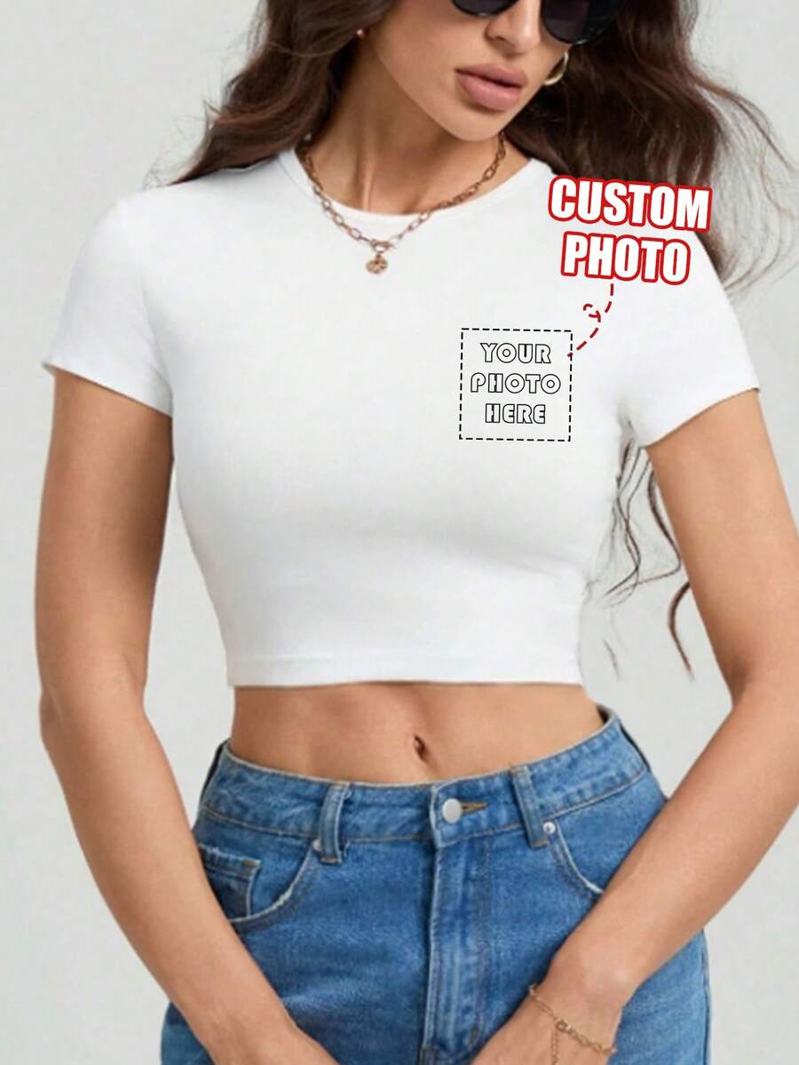 客製化女款短袖T恤,可添加照片(自拍/圖案/Logo/寵物/家庭照等)運動風 - 白色 - 查看 1