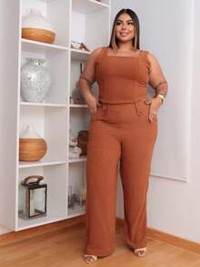Plus Size Set Of Palazzo Pants And Cropped Top - Óxido marrón - Ver 1