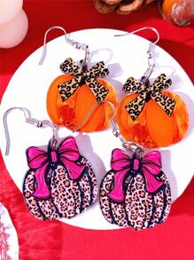 1 Pair Charming Leopard Bow Ribbon & Pumpkin Acrylic Drop Earrings, Perfect Thanksgiving Gift, Cute Holiday Style For Daily Wear, Women