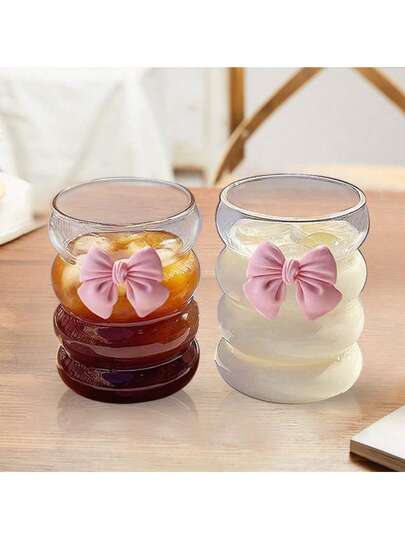 1 Pc 350 Ml Spiral Glass, Caterpillar Mugs. Cute Ins Style Juice Cups, Coffee Cups, Milk Cups, Cold Drink Cups With Bow Decoration. Suitable For Matcha, Iced Americano, Cappuccino. Unique Birthday Gift And Opening Season Student Gift Back To School