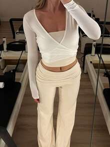 Cross Wrap Tie Crop Top For Women Y2k Cropped Top Ruched Shirts Long Sleeve V-Neck Slim Fit Tie Ballet Yoga Workout T Shirts Coquette Blouse Summer Going Out Tops - 白色 - 查看 9