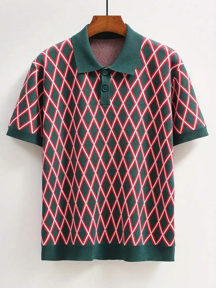 Men's Retro Geometric Pattern Knitted Ribbed Top, Suitable For All Seasons, High-End Retro Old Money Style - Olive Green - View 1