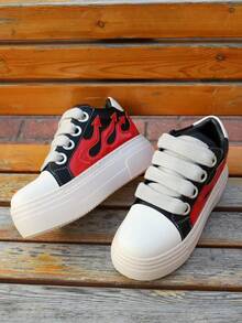 Chunky Heel Platform Mixed Color Unisex Shoes, All Match Fashion Increase Runway Sport Casual Trainers, Red Fire Sewing Outdoor Sneakers, Tennis Female Skateboard Shoes - 紅色 - 查看 1