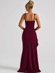 Women Elegant Sexy Slit Sexy Bodycon Modest Spring Summer Party Evening Festival Vacation Burgundy Long Dress - Burgundy - View 3