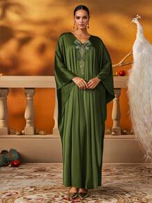 Elegant Green Embellished Kaftan Evening Gown With V-Neck , Friendly Formal Dress For Women, Luxury Abaya Style Gown For Party And Wedding,Long Formal Dress,Modest Style Dress - Army Green - View 4