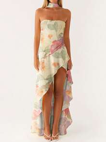 Women Casual Tube Dress Summer Solid Color/Floral Print High Low Ruffles Dress With Scarf For Cocktail Streetwear - 米色 - 查看 1