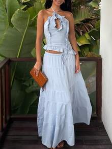 Y2k Maxi Skirt Set For Women Backless Lace Halter Top And Pleated Flowy Skirt Sets Beach Sheer Dress Summer 2 Piece Outfit Beach Set - 藍色 - 查看 7