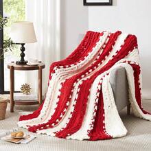Chunky Knit Blanket - Soft Chenille Yarn Throws 40x50: Handmade Thick Cable Crochet Blanket - Large Chunky Yarn Rope Knot Throw For Couch, Sofa, Bed Home Decor - 紅白色 - 查看 2