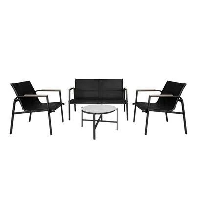 Conjunto Jardín de Sofá + 2 Sillones + Mesa de Acero Resistente, Decorativo y Ligero. Asiento para Exterior en Patio, Balcón y Terraza de Fácil Instalación. (Negro, 4 Piezas)