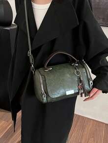 Tassel Decor Handbag, Women's Large Capacity Shoulder Bag, Fashion Zipper Crossbody Bag With Detachable Strap - Green - View 3