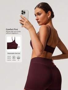 Sodalemon 女士健身露背直筒瑜伽训练运动文胸 - 酒紅色 - 查看 3