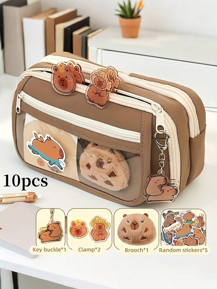 Capybara Cartoon Pencil Case Large Capacity 10-Piece Stationery Set With Stickers, Keychains , Brooches, Cute Kawaii School Supplies For Students, Teens - Nhiều màu - Xem 1