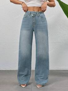 Pantalones vaqueros rectos y sueltos de diseño casual de primavera y verano con botones en diagonal para mujeres, estilo retro azul