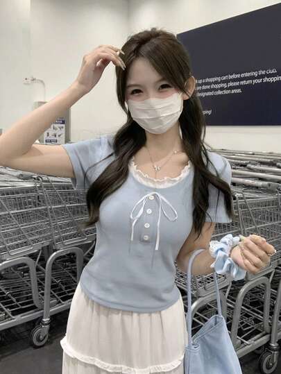 2025年新款拼色修身二合一甜美短袖T恤上衣