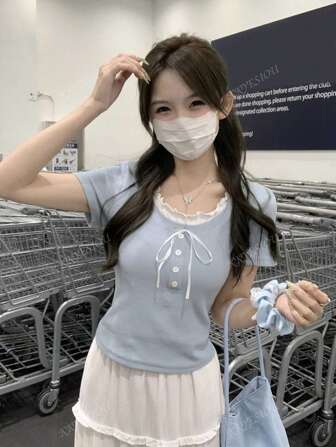 2025 New Color Block Fitted 2 In 1 Sweet Short Sleeve T-Shirt Tops