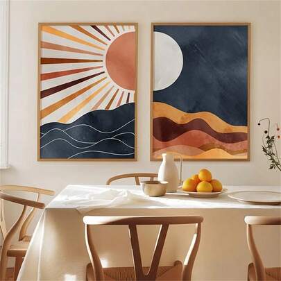 1 pezzo/2 pezzi di arte da parete con stampe su tela astratte geometriche con linee minimali a tema sole e luna, stile boho navy blue, stampe di opere d'arte di moda di metà secolo, per decorazione di soggiorno, camera da letto, ufficio, dormitorio, con opzione cornice