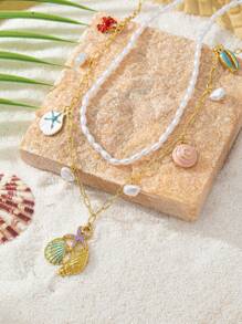 1pc Double Layer Pearl Beaded Bamboo Joint Layered Necklace With Starfish, Shell, Crab Pendants, Ocean Holiday Style For Women, Suitable For Beach Party
