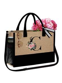1 set, Bolso de mano tipo tote con estampado de flores con inicial A y correas para el hombro & Set de bolsas de maquillaje con iniciales de la A a la Z, bolso de regalo personalizado con bolsillos laterales, bolso de playa con pañuelo, bolsos de almacenamiento portátiles y de ocio, bolsas de compras multifuncionales, bolsa de almacenamiento simple para viajes
