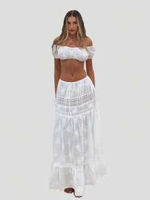 Woman Sheer White Tops & Skirts 2 Piece Sets Summer Outfits Solid Color Flattering Tube Top And Drawstring Lace Maxi Sundress - Boho Embroidery For Vacation, Beach Parties & Date Nights - 白色 - 查看 11