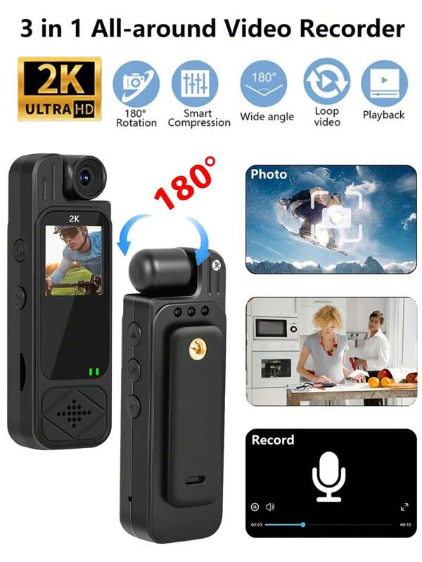 2K Sports HD Mini Camera Outdoor Mini Camera Portable Digital Video Recorder BodyCam Night Vision Police Camcorder HD Mini Multi-Function Small 180° Rotating Bike Camera