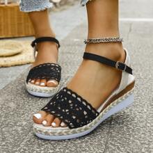 Women's Wedge Thick Bottom Sandals, Summer Rope Woven Wide Strap Open Toe Breathable Casual Stylish Sandals, Fashion Strap Buckle Sandals