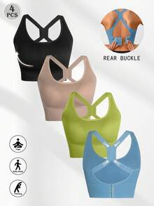 4pcs/Set Women Casual Sports Racerback Bras, Lightweight & Breathable For Running, Back Beauty, Support And Wireless, Fitness Yoga Workout Tank Tops For Outdoor Running, Wireless Sports Vest Tops Lingerie Yoga Base Sports Bras Curve Summer Bra - 彩色 - 查看 2