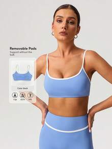 Sodalemon Women Color Block Fitness Light Support Straight Strap Yoga Sport Bra - Baby Blue - View 2